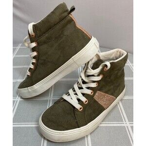 Girls Sz 12 Old Navy Olive & Rose Gold Sparkle & Eyelets Lace up Sneakers Shoes